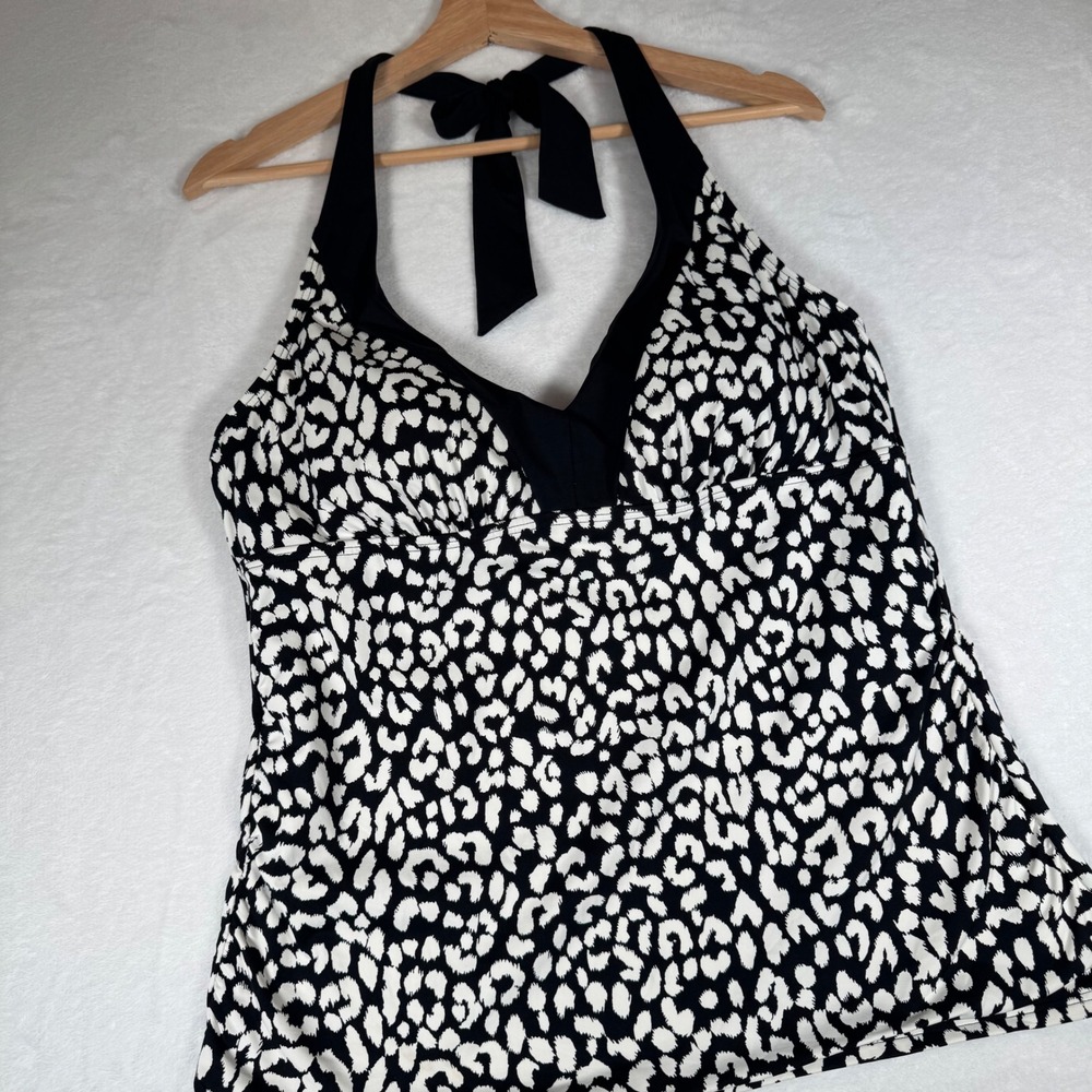 Lands End Womens Black White Leopard Print Halter Tankini Swim Top‎ 14 504501